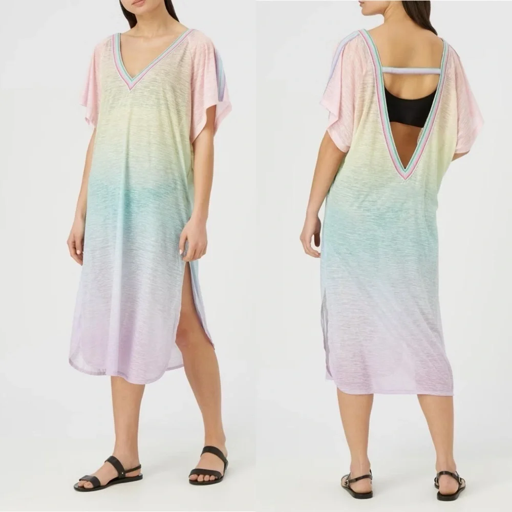 Pitusa Ombre V Back Dress Rainbow Low Back Short Sleeve Boho Womens One Size - Picture 2 of 11